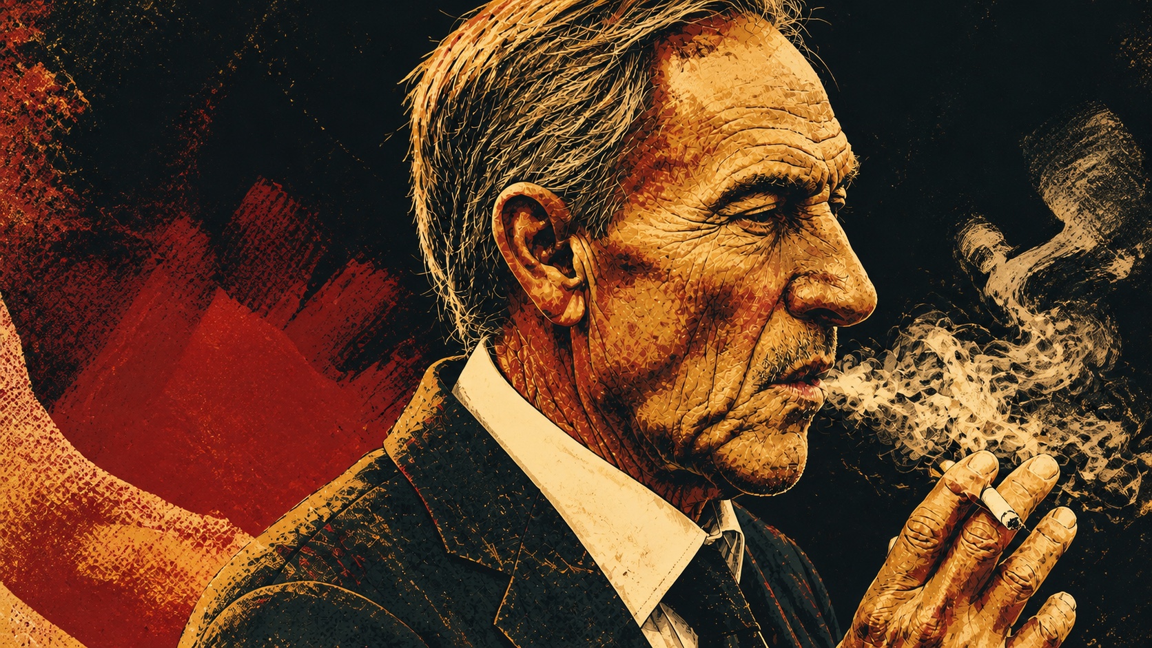 An illustrated editorial portrait of a sombre Zdeněk Zeman smoking